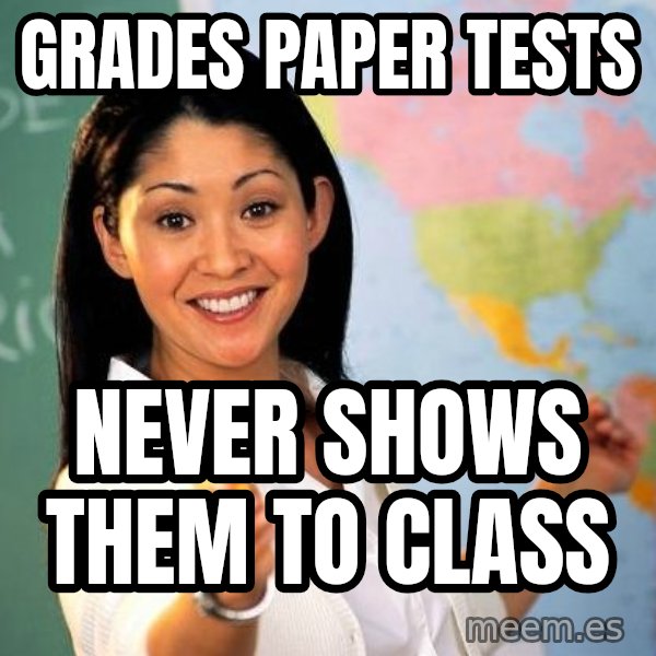 Unhelpful High School Teacher meme: Grades paper tests / Never shows them to class