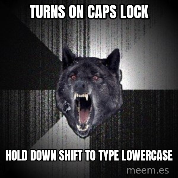 Insanity Wolf meme: turns on caps lock / hold down shift to type lowercase