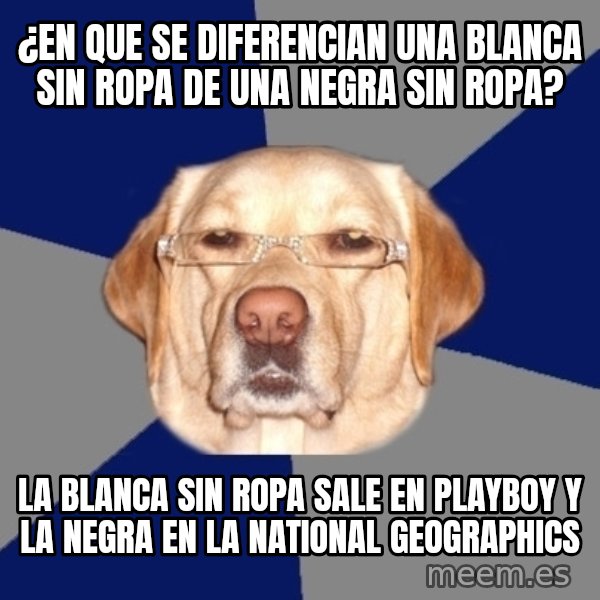 Racist Dog meme: ¿En que se diferencian una blanca sin ropa de una negra sin ropa? / La blanca sin ropa sale en playboy y la negra en la National Geographics