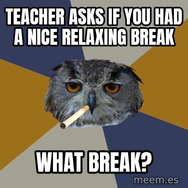 Art Student Owl meme: teacher asks if you had a nice relaxing break / what break?