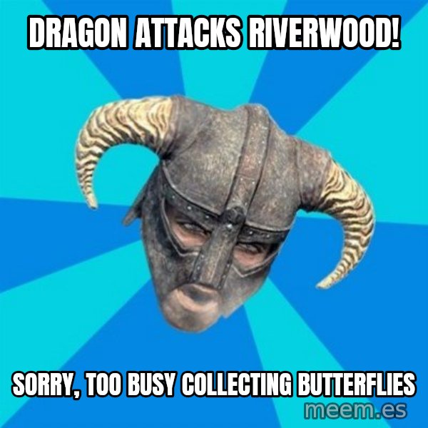 skyrim stan meme: Dragon attacks riverwood! / sorry, too busy collecting butterflies