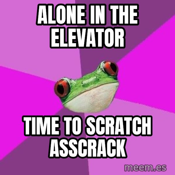 Foul Bachelorette Frog meme: alone in the elevator / time to scratch asscrack