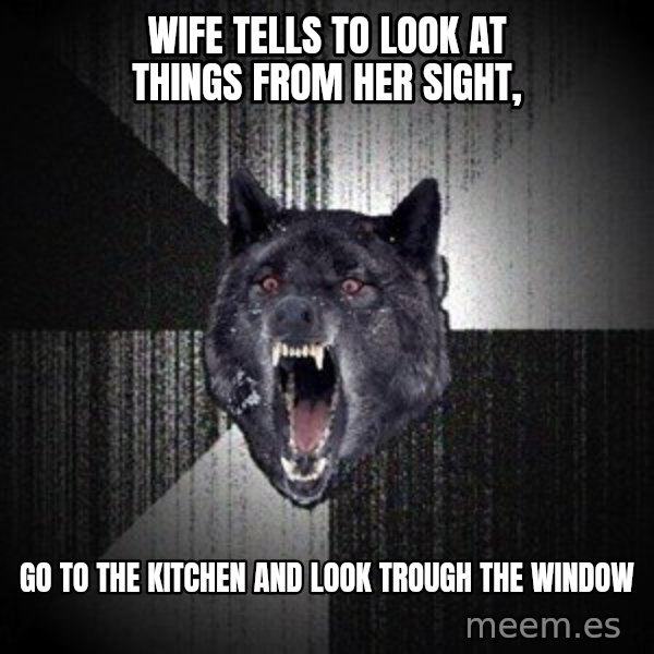 Insanity Wolf meme: Wife tells to look at things from her SIGHT, / go to the kitchen and look trough the window