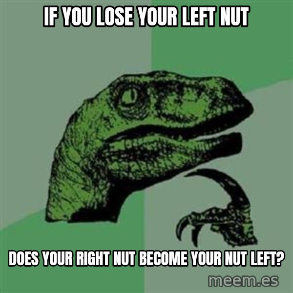 Philosoraptor meme: If you lose your left nut / does your right nut become your nut left?