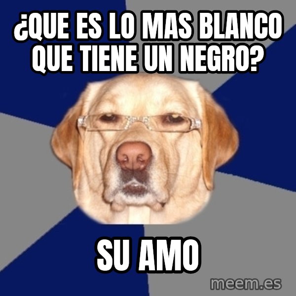 Racist Dog meme: ¿Que es lo mas blanco que tiene un negro? / Su amo