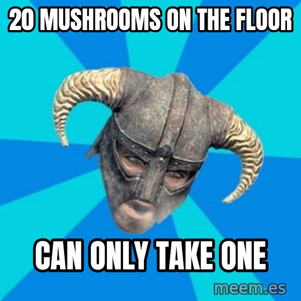 skyrim stan meme: 20 mushrooms on the floor / can only take one