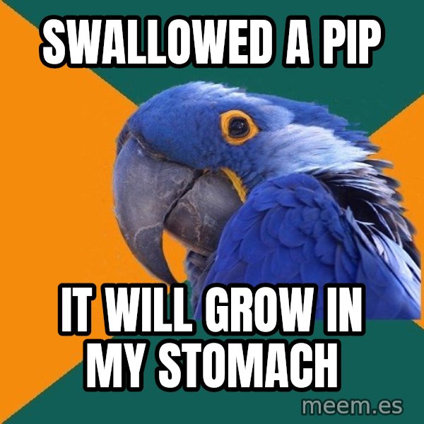 Paranoid Parrot meme: swallowed a pip / it will grow in my stomach