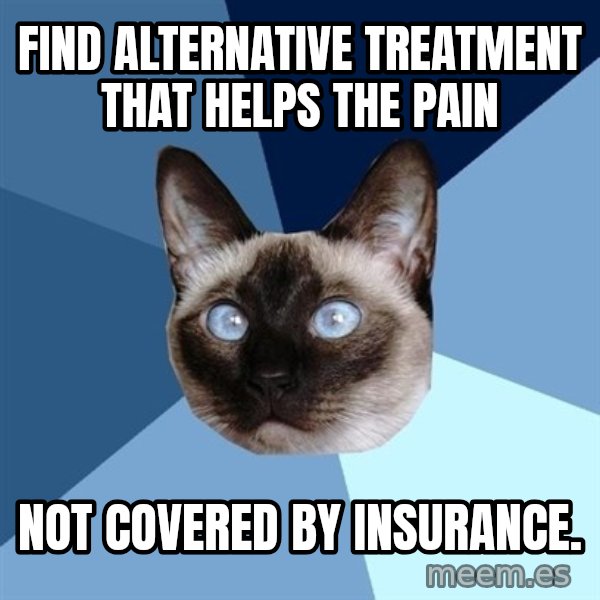 Chronic Illness Cat meme: FInd alternative treatment that helps the pain / not covered by insurance.