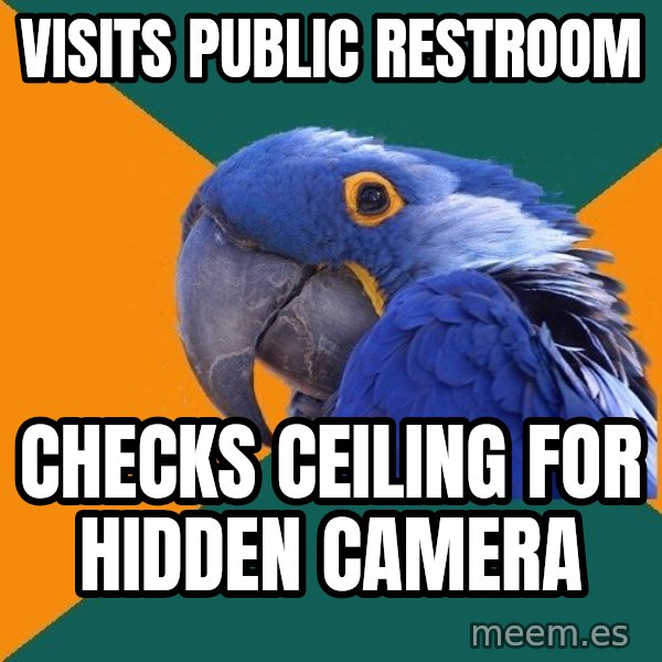Paranoid Parrot meme: VISITS PUBLIC RESTROOM / cHECKS CEILING FOR HIDDEN cAMERA