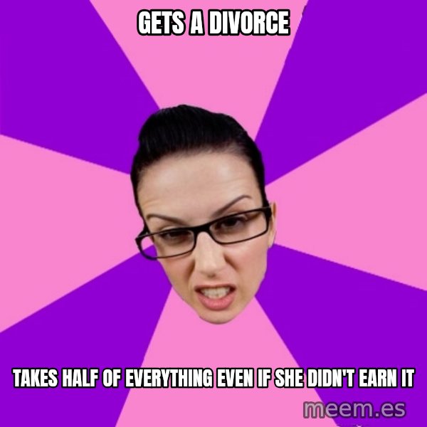 Privilege Denying Feminist meme: gets a DIVORCE / takes half of everything even if she didn't earn it