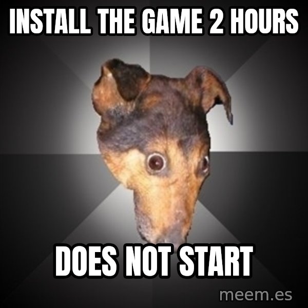 Depression Dog meme: install the game 2 hours / DOES NOT START