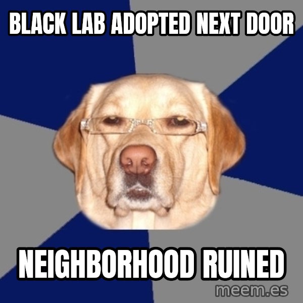 Racist Dawg meme: black lab adopted next door / neighborhood ruined