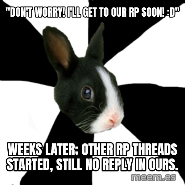 Roleplaying Rabbit meme: "Don't worry! i'll get to our rp soon! :D" / weeks later; other rp threads started, still no reply in ours.