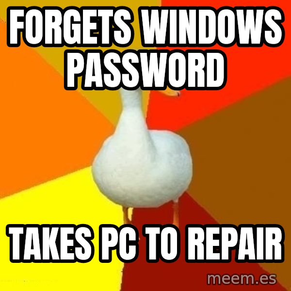 Technologically Impaired Duck meme: forgets windows password / takes pc to repair