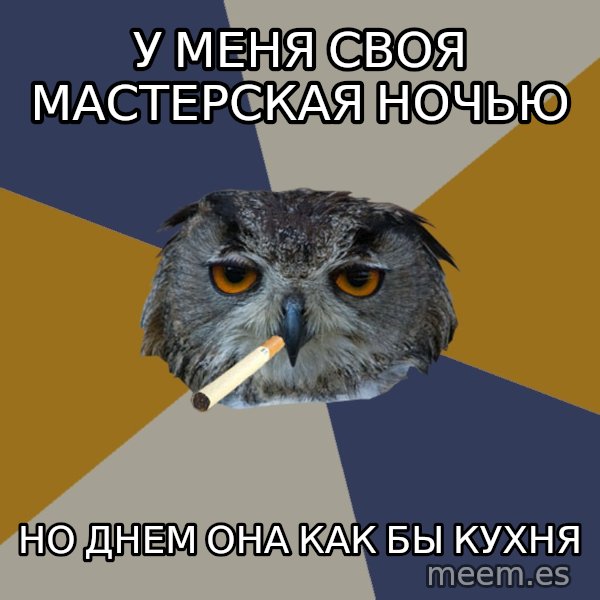 Art Student Owl meme: У меня своя мастерская ночью / но днем она как бы кухня