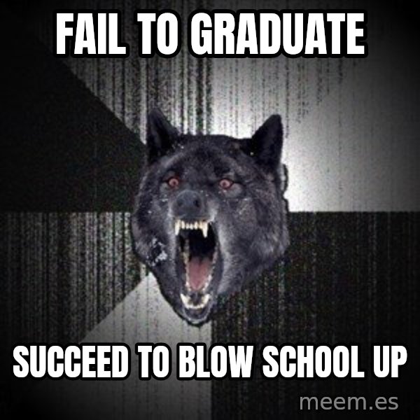 Insanity Wolf meme: FAIL TO GRADUATE / SuCCEED TO BLOW SCHOOL UP