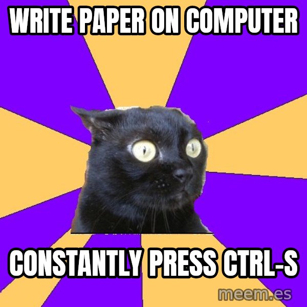 Anxiety Cat meme: Write paper on computer / constantly press Ctrl-s