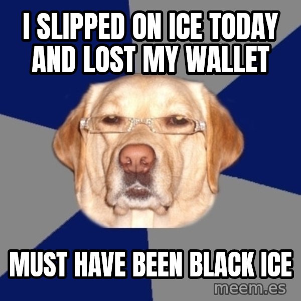Racist Dawg meme: i slipped on ice today and lost my wallet / must have been black ice