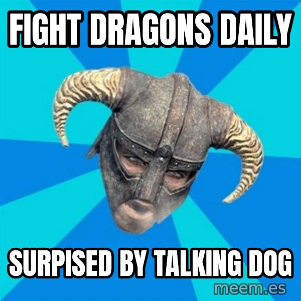 skyrim stan meme: fight dragons daily / surpised by talking dog