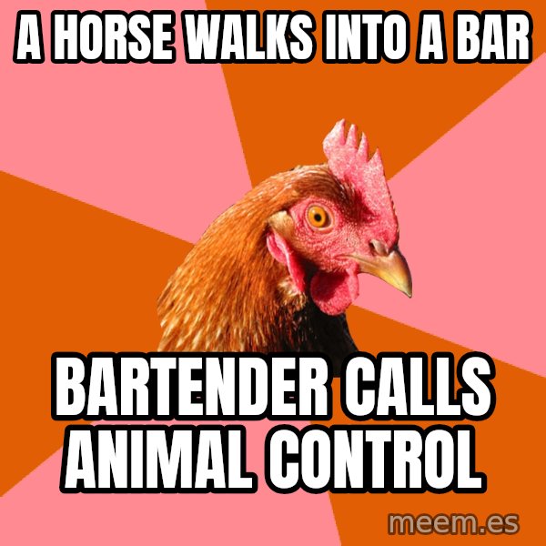 Anti Joke Chicken meme: A Horse walks into a bar / Bartender calls Animal control