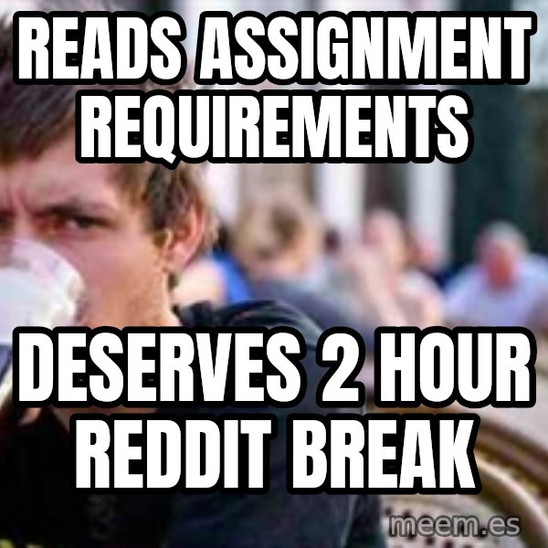 The Lazy College Senior meme: reads assignment requirements / deserves 2 hour reddit break
