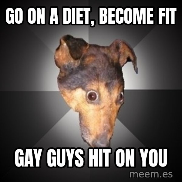 Depression Dog meme: Go on a diet, become fit / gay guys hit on you