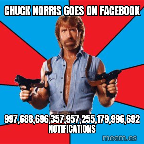 Chuck Norris  meme: Chuck Norris Goes on Facebook / 997,688,696,357,957,255,179,996,692 notifications