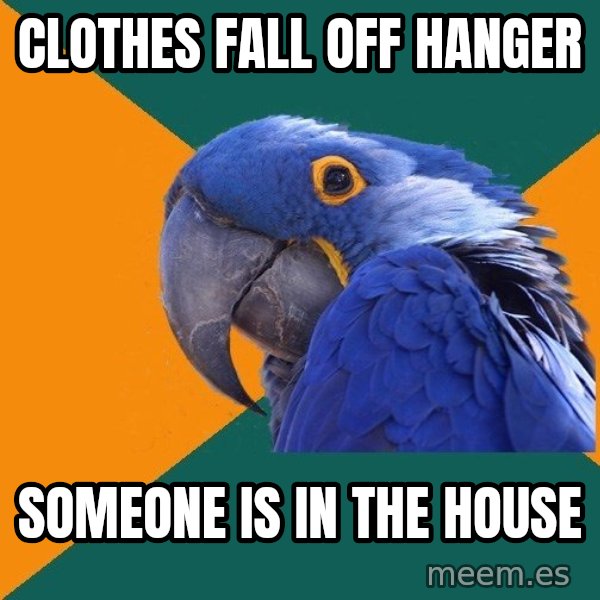 Paranoid Parrot meme: Clothes fall off hanger / Someone is in the house