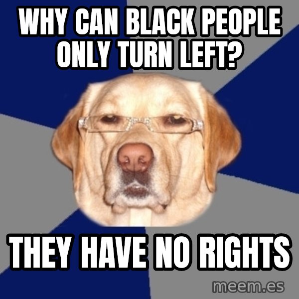 Racist Dog meme: Why can black people only turn left? / They have no rights