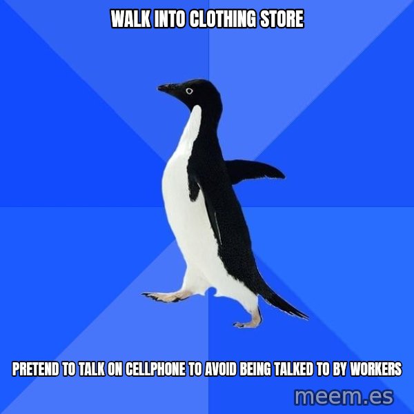 Socially Awkward Penguin meme: WALK INTO CLOTHING STORE / PRETEND TO TALK ON CELLPHONE TO AVOID BEING TALKED TO BY WORKERS