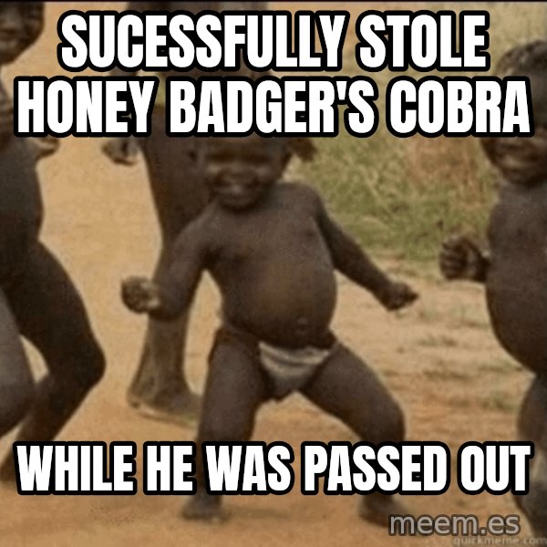 Third World Success meme: Sucessfully stole honey badger's cobra / while he was passed out
