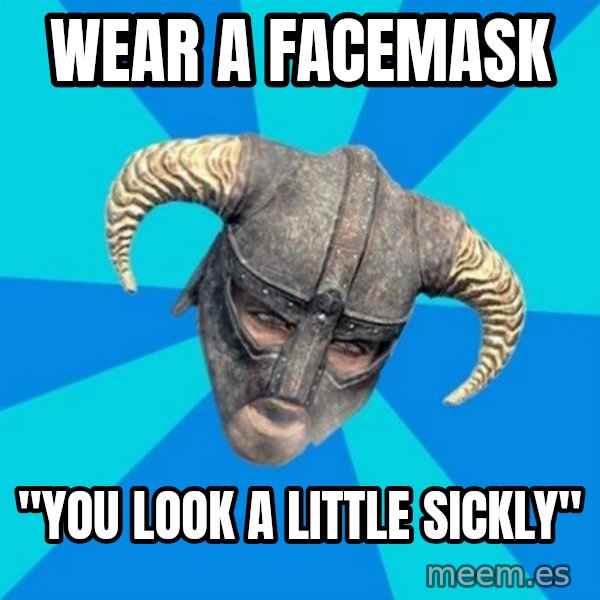 skyrim stan meme: Wear a facemask / "you look a little sickly"