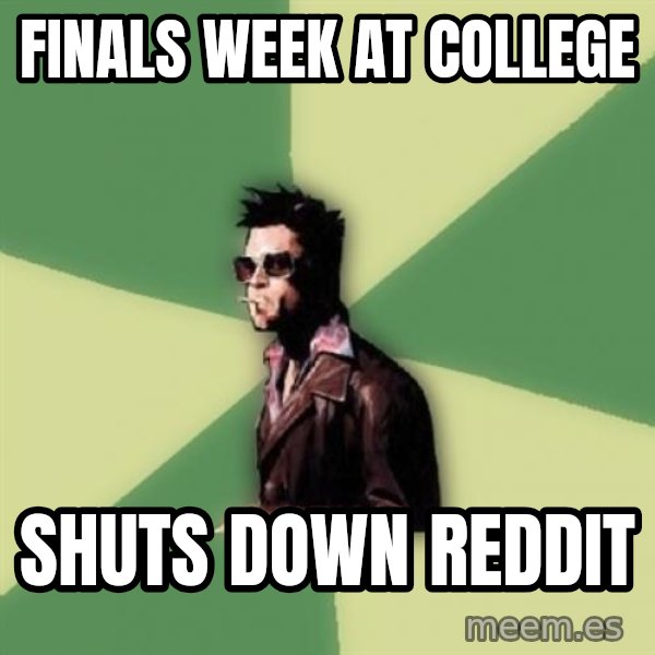 Tyler Durden meme: Finals Week at College / Shuts Down Reddit
