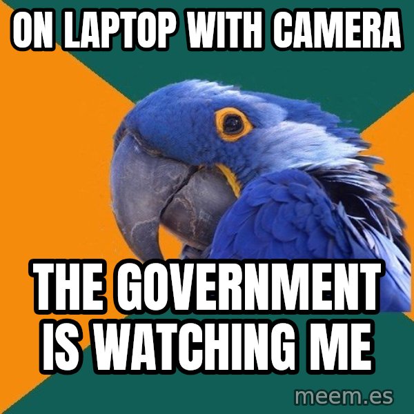 Paranoid Parrot meme: on laptop with camera / the government is watching me