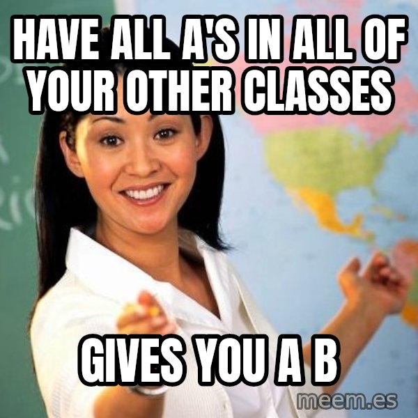 Unhelpful High School Teacher meme: have all a's in all of your other classes / gives you a b