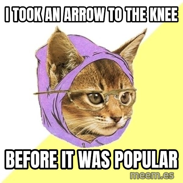 Hipster Kitty meme: i took an arrow to the knee / before it was popular