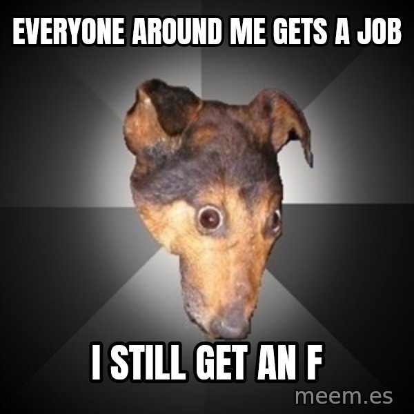 Depression Dog meme: EVERYONE AROUND ME GETS A JOB / I STILL GET AN F