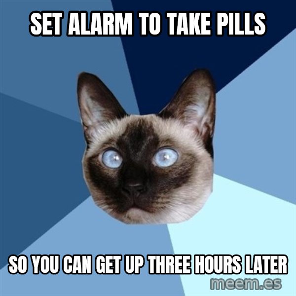 Chronic Illness Cat meme: Set alarm To take pills / So you can get up three hours later