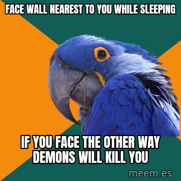 Paranoid Parrot meme: Face wall nearest to you while sleeping / if you face the other way demons will kill you