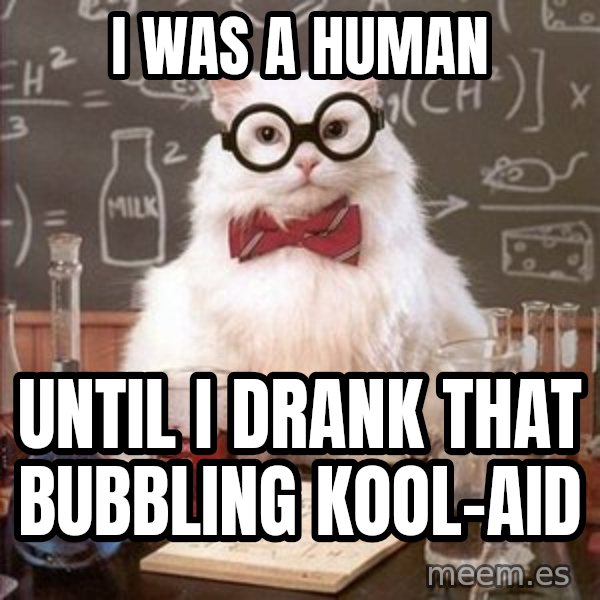 Chemistry Cat meme: I was a human / until I drank that bubbling kool-aid