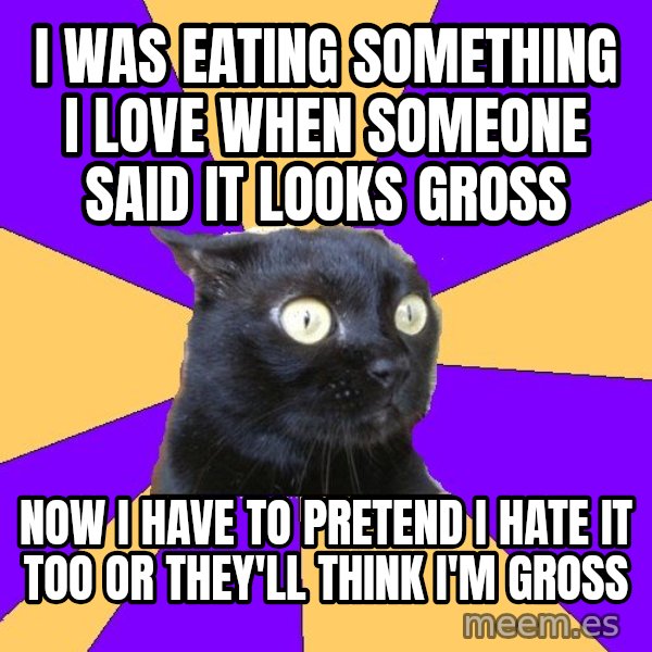 Anxiety Cat meme: I was eating something I love when someone said it looks gross / now I have to pretend I hate it too or they'll think i'm gross