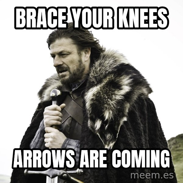 Sean Bean Game Of Thrones meme: brace your knees / Arrows are coming