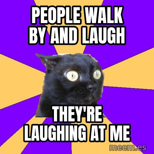 Anxiety Cat meme: people walk by and laugh / they're laughing at me