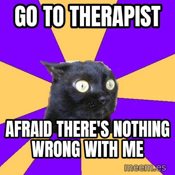 Anxiety Cat meme: Go to Therapist / Afraid there's nothing wrong with me
