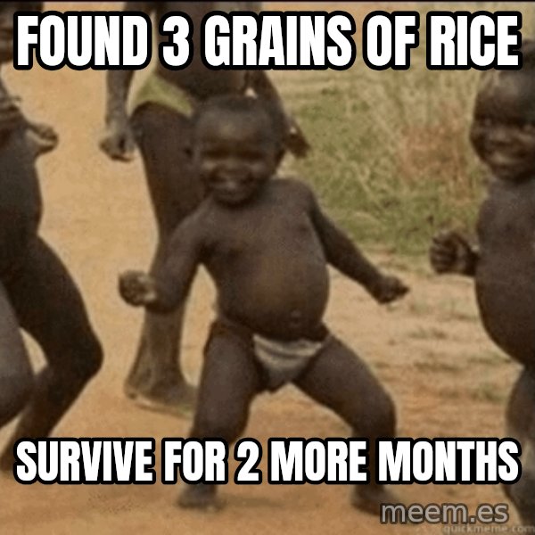 Third World Success meme: Found 3 grains of rice / survive for 2 more months