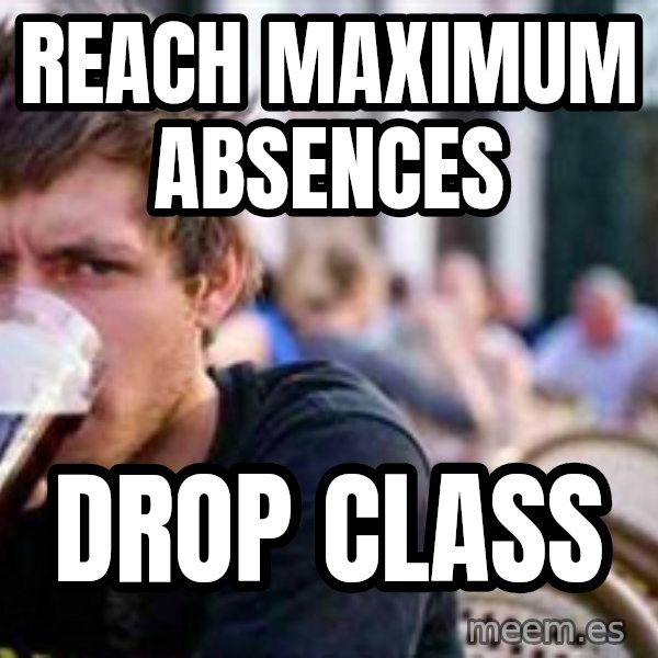 The Lazy College Senior meme: reach maximum absences / drop class