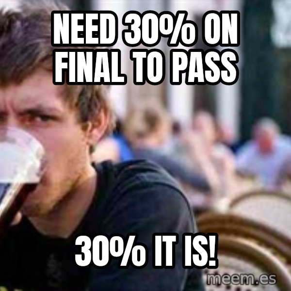The Lazy College Senior meme: Need 30% on final to pass / 30% it is!