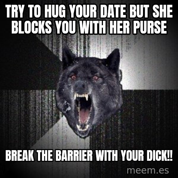 Insanity Wolf meme: Try to hug your date but she blocks you with her purse / break the barrier with your dick!!
