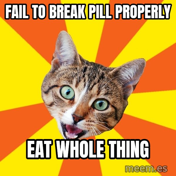 Bad Advice Cat meme: fail to break pill properly / eat whole thing