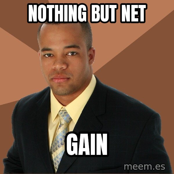 Successful Black Man meme: nothing but net / gain